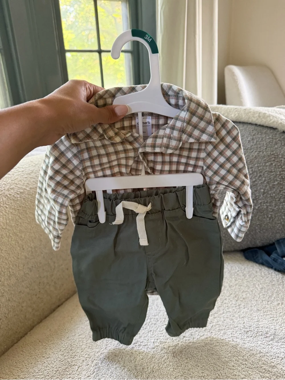 NWT Carter's Plaid Cream and Tan Button-Front Romper with Olive Bottoms